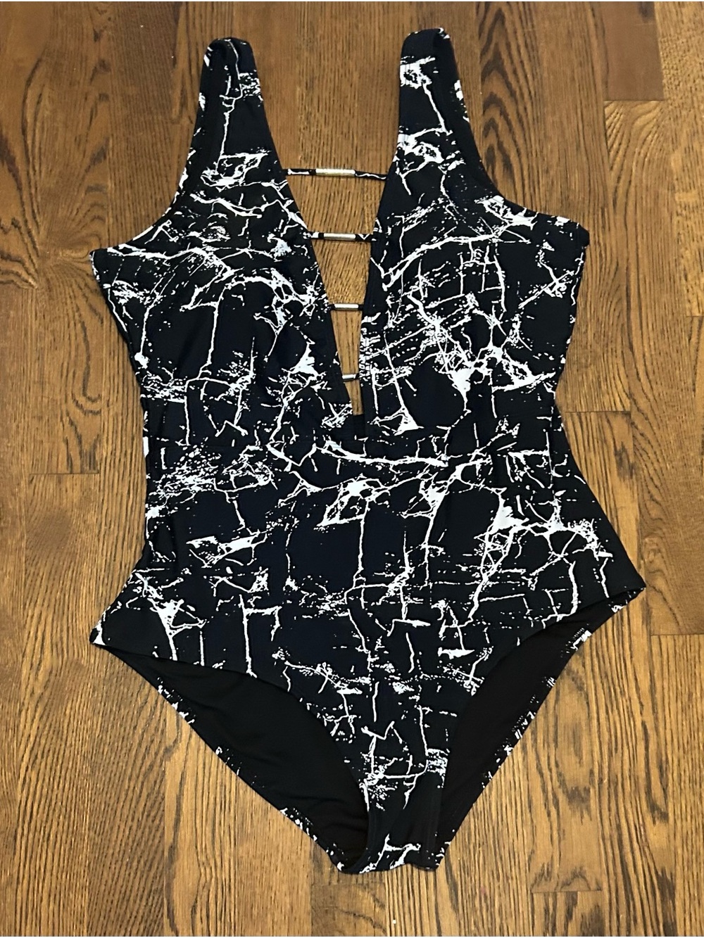 Source Unknown Black & White Marble Plunge One-Piece Swimsuit